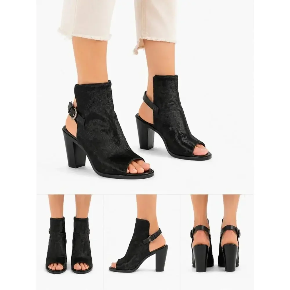 rag bone wyatt black pony hair slingback open toe bootie block heels designer 9